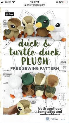 the instructions for how to make stuffed ducks and turtle - duck plushies with free sewing pattern