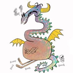 a drawing of a dragon with horns and bones