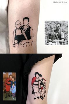 two tattoos on the arms of people, one with an image of a man and woman