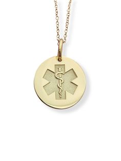 "Dainty 14k Solid Gold Medical Alert Necklace, Personalized Medical Alert Pendant, Custom Medical ID Pendant, Medical Jewelry 14k Solid Gold Choose What Size You Want the Pendant Using The Second Option Box Photos Are For The 0.5 inch Diameter Pendant Pendant thickness : 0.5mm Inner diameter of jump ring : 4mm ♥ Material of pendant and chain: Solid Gold k14 ♥ Packaging: All of our jewelry are beautifully boxed and ready for gifting For more personalized designs take a look here: ♥ www.etsy.com/l Symbolic 14k Gold Medallion Jewelry, Classic Cadmium-free Yellow Gold Jewelry, Gold 14k Stamped Medallion Jewelry, Gold Medallion Jewelry Stamped 14k, Gold-tone Engraved Round Pendant Jewelry, Engraved Gold-tone Round Necklace, Classic Yellow Gold Jewelry For Commemoration, Symbolic 14k Stamped Pendant Jewelry, Symbolic Yellow Gold Round Pendant Jewelry