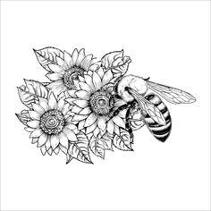 a black and white drawing of a bee on sunflowers