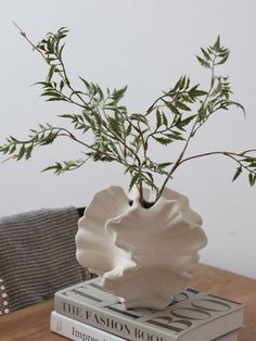 a plant in a vase sitting on top of two books