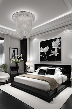 a modern bedroom with black and white decor