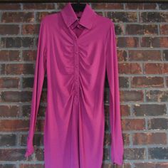 Chic Hot Pink Form Fitting High Collar Button Front Dress And Button Sleeves. Size Medium. 96% Polyester And 4% Spandex. New With Tags. Never Been Worn. Fitted Long Sleeve Midi Dress With Covered Buttons, Stretch Button-up Mini Dress, Stretch Midi Dress With Buttons, Long Sleeve Stretch Mini Dress With Buttons, Elegant Stretch Button-up Dress, Stretch Mini Dresses With Buttons, Chic Stretch Dresses With Button Closure, Fitted Pink Shirt Dress For Fall, Stretch Knee-length Dress With Buttons