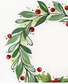 a watercolor painting of a christmas wreath with holly and red berries on white paper