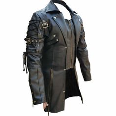 Find many great new & used options and get the best deals for Men Real Cow Leather Matrix Trench Steampunk Gothic Style Coat 2XL Length 38" at the best online prices at eBay! Free shipping for many products! Leather Outerwear With Rivets For Alternative Fashion, Gothic Leather Outerwear, Gothic Outerwear With Rivets, Punk Leather Outerwear For Cosplay, Gothic Leather Outerwear With Long Sleeves, Gothic Leather Outerwear For Fall, Fall Gothic Leather Outerwear, Fitted Leather Steampunk Outerwear, Fitted Leather Outerwear For Alternative Fashion