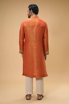 Orange kurta with all over floral threadwork motifs, embellished by beads and sequins. Comes with pant. - Aza Fashions Embroidered Orange, Men Kurta, Adah Sharma, Eid Party, Cocktail Reception, Luxury Sale, Kurta With Pants, Fashion App, Pants Pattern