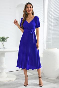 DetailsMidi dress in surplice neckline. short sleeves. pleated details. tie-belt waist. solid colour and a midi length. Style this dress with any solid sandals or tie-up mules and a handbag.â€?Surpliceâ€?Short sleevesâ€?Tie-belt waist & pleated detailsâ€?Solid colourâ€?Midi lengthFabric Composition95% Polyster. 5% SpandexWash CareMachine WashSize Chart 🌸 US UK/AU EU S 2-4 6-8 34-36 M 4-6 10-12 36-38 L 6-8 12-14 38-40 XL 8-10 16-18 40-42 2XL 12-14 18-20 42-44 Formal Summer V-neck Belted Dress, Solid Color Belted V-neck Midi Dress, Belted Midi Dress With V-neck, Fitted Pleated Belted Summer Dress, Fitted Pleated Belted Dress For Summer, Formal Short Sleeve Belted Dress For Summer, Formal Summer Belted Dress With Short Sleeves, Summer Formal Belted Dress With Short Sleeves, Spring Party Belted Dress With Short Sleeve