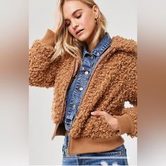 A Boucle Knit Teddy Jacket Featuring A Basic Collar, Front Zip Closure, Dropped Shoulders, Long Sleeves, Ribbed Trim, And Quilted Interior Lining. Boucle Knit, Teddy Jacket, Line Jackets, Drop Shoulder, Faux Fur, Zip Ups, Forever 21, Jackets & Coats, Long Sleeves