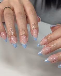 Cinderella Blue Nails Acrylic, Blue Jelly French Tip Nails, Blue Shimmer French Tip Nails, Silvermist Inspired Nails, Aquamarine French Tip Nails, Almond Nails Basic Design, Blue Chrome French Tip Nails Almond, Cinderella Aesthetic Nails, Dainty Blue Nails