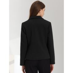 This elegant blazer is meticulously crafted from high-quality, wrinkle-resistant fabric, making it suitable for all-day wear. Available in timeless black, this versatile blazer effortlessly transitions from office meetings to evening events. The sleek, tailored silhouette with notched lapels and a single-breasted front exudes modern sophistication, while the cropped length adds a trendy touch. Whether paired with tailored trousers for a professional look or styled with jeans for a chic ensemble, Tailored Solid Color Office Lady Blazer, Tailored Solid Blazer For Office, Tailored Solid Color Blazer For Office, Formal Notched Black Blazer, Office Wear Lapel Collar Blazer, Black Career Blazer With Double Button Closure, Semi-formal Solid Color Office Lady Blazer, Semi-formal Solid Color Office Blazer, Solid Semi-formal Blazer For Office