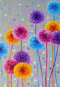 some colorful flowers on a gray background with polka dotty dots in the bottom right corner