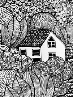 a black and white drawing of a house surrounded by trees with waves in the background