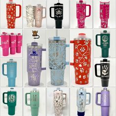 many different colored cups with designs on them