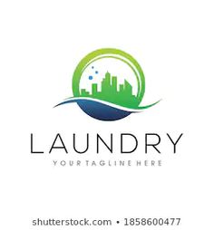 the logo for laundry is made with green and blue colors, it has a cityscape