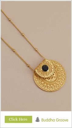 Golden pendant with intricate designs and a central black gemstone. Buddha Groove, Mandala Necklace, Lotus Earrings, Black Onyx Stone, Meaningful Jewelry, Onyx Stone, Black Onyx, Lobster Clasp, Onyx