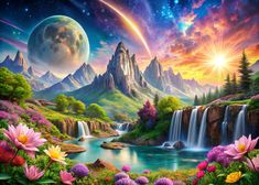 a beautiful mountain scene with flowers and waterfall