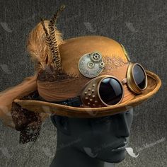 Describe an item: This beautiful Steampunk Party Hat is made of 100% finest quality and hand-painted craftsmanship.  Occasion:  Great for Steampunk, Halloween, Music Festival, Burning Man, Masquerade Party, and more. Color:  Brown March Hare Costume, Aviator Cap, Steampunk Party, Foam Wigs, Steampunk Festival, Steampunk Ideas, Steampunk Couture, Steampunk Halloween, Steampunk Crafts