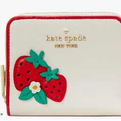 Kate Spade Strawberry Dream Small Zip-Around Wallet. Brand New Trendy White Coin Purse For Travel, Trendy White Wallet With Card Slots, Trendy White Wallets With Card Slots, Trendy White Wallets For Gifts, Red Kate Spade Wallets For Everyday Use, White Kate Spade Bags With Card Slots, Kate Spade White Leather Wallet, White Coin Purse With Interior Card Slots As Gift, Trendy White Coin Purse For Everyday Use