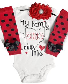 "*CURRENT PROCESSING TIME: 3-6 business days before shipment* Choose from one or all 3 pieces. If you choose \"FULL 3 piece set, you will receive\" bodysuit, headband and legwarmers. Choose from the following: 1. Long or short sleeved-\"My Family in Ohio Loves Me\" bodysuit 2. Red/Black dot legwarmers PLEASE NOTE: sizes 3 months and under will receive SMALL legwarmers and sizes 6 months + will receive ONE-SIZED legwarmers 3. Red shabby flower headband, (this is a fitted headband) Want a PROMO CO Bug Outfit, Baby Valentines Day Outfit, Toddler Valentine Shirts, Baby Valentines Outfit, Girls Valentines Outfit, Ladybug Outfits, Childrens Valentines, Valentines Outfit