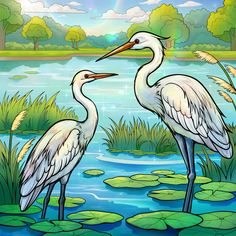 two white birds standing on top of a lake next to green lily paddlings