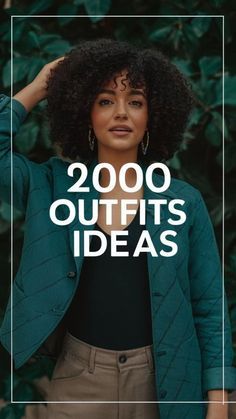 a woman standing in front of some trees with the words 2000 outfits ideas on it