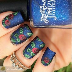 Gorgeousness!! By #clairestelle8 #nailsofinstagram #nailart #naildesigns #roses #blue #darkblue #frenzypolish #indiepolish #indies #nailpolish #polish #nails #nailartdesigns Exotic Nails, Rose Nails, Pretty Nail Art, Beautiful Nail Designs, Nail Polish Designs, Fabulous Nails, Unique Nails, Beautiful Nail Art, Floral Nails