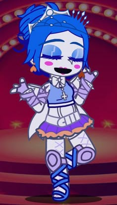 a cartoon character with blue hair standing in front of a red stage and holding her hands out