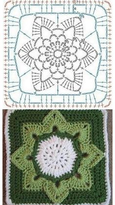 crocheted granny's square is shown in two different colors, one green and the other white