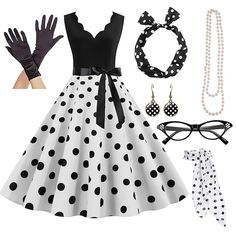 Women's A-Line Rockabilly Dress Polka Dots Swing Dress Flare Dress with Accessories Set 1950s 60s Retro Vintage with Headband Chiffon Scarf Earrings Cat Eye Glasses Pearl Necklace Gloves 7PCS 2023 - US $25.99 50 And 60s Outfits, 50’s Costumes, Retro Polka Dots Outfit, 1950s Outfits Women, 50s Outfits For Women, 50s Party Outfit, 1950s Dress To Impress, Flare Dress Styles, Retro Glamour Dress To Impress