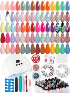 ALL-IN-ONE Gel Nail Kit: LAVENDER VIOLETS gel nail polish kit with U V light includes everything you need for stunning nails at home. This gel nail kit features 45 vibrant gel polish colors, a base coat, glossy top coat, matte top coat, and nail primer. You'll also find essential tools like a cuticle oil pen, cuticle pusher, trimmer, tweezer, nail buffer, nail file, LED nail lamp, nail decal stickers, remover foil wraps, and rhinestones. This comprehensive gel manicure kit with U V light is perf Foil Wraps, Gel Nail Set, Cuticle Oil Pen, Kit Manicure, Nail Polish Kit, Nail Primer, Stunning Nails, Nail Art Salon, Oil Pen