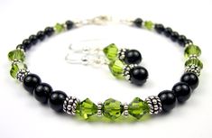 Black Pearl Beaded Bracelets and Earrings SET w/ Simulated  Green Olivine Accents in Swarovski Crystal Birthstone Colors Bracelets Sets, Black Pearl Bracelet, Crystal Bra, Black Pearl Earrings, Bali Silver, Swarovski Crystal Bracelet, Birthstone Bracelet, Birthstone Bracelets, Black Pearl