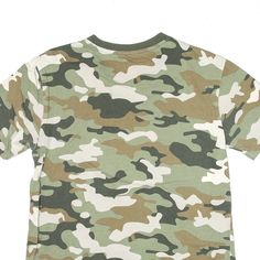 Item is in good used condition. >Size: L >Armpit To Armpit: 17" >Armpit To Cuff: 4" >Collar To Hem: 26" Camouflage All Over Print Cotton Tops, Camouflage All-over Print Cotton Tops, Green Military Style Tops With Graphic Print, Camouflage Shorts, Basketball T Shirt, Just Peachy, Green Tshirt, Wholesale Shoes, Russell Athletic