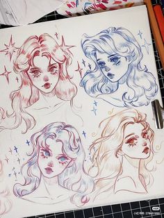 four different colored pencil drawings of women on top of a piece of paper with scissors