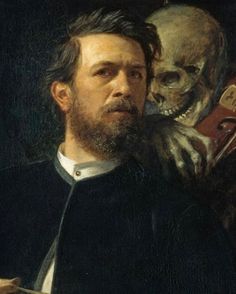 a painting of a man with a skull on his shoulder