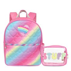 Front view of a rainbow ombre heart-quilted large backpack with a rhinestone heart applique and a clear pencil case with glitter bubble letters 'STUFF' Water Bottle Sleeve, Quilted Hearts, Rainbow Ombre, Learning Materials, Backpack Lunch Bag, Backpack For Teens, Glam Bag, Bottle Sleeves, Mini Pouch