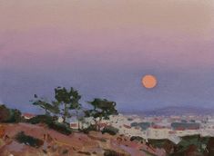 a painting of the sun setting over a city with hills and trees in the foreground