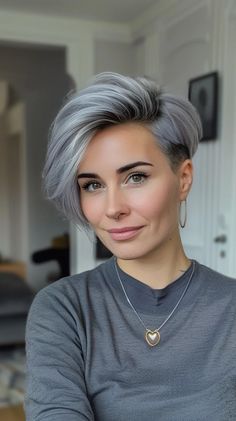 21 Stunning Silver Hairstyles That Will Make You Fall in Love with Gray Hair Grey Balayage Pixie Hair, Silver Hair Bob Haircut, Undercuts For Women Short Haircuts, Salt And Pepper Short Hair, Undercut Short Bob, Silver Hair Bob, Silver Short Hair, Silver Pixie Cut