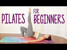 a woman is doing yoga on a mat with the words pilates for beginners