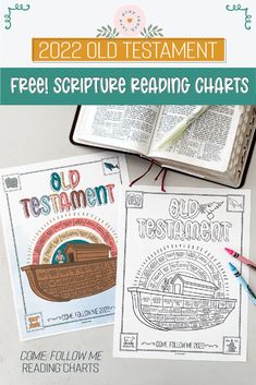 an open bible with the words, free printable reading chart and two coloring pages