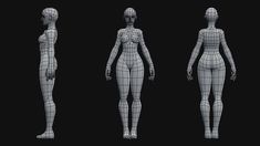 three different views of a woman's body and head in various poses, including the torso