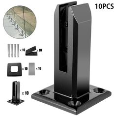 the front and back of a black speaker stand with two different pieces of mountings