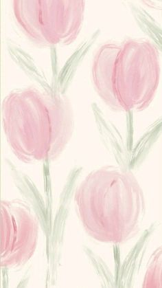 a painting of pink flowers with green stems on a white wallpapered background in pastel tones