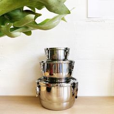 three stainless steel pots sitting on top of a wooden table next to a potted plant