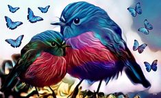 two colorful birds sitting next to each other on a tree branch with butterflies in the background