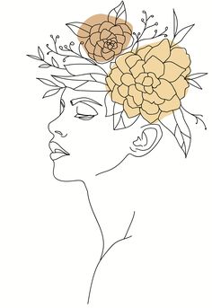 a line drawing of a woman with flowers in her hair and leaves on her head