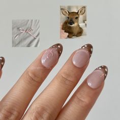 Coquette Fawn Baby Deer Bow French Tip Press-On Nails 🦌🎀 !! DELIVERY WITH TRACKING INCLUDED !! - Set comes with 10 press-on nails  - Set includes cuticle pusher, alcohol pad, glue/ adhesive tabs and nail buffer - Press on nails usually lasts up to 1-3 weeks depending on use and application - No refunds  If you choose to custom size your nails, please dont forget to provide your size I will not be responsible for wrong nail sizing, please make sure you measure your nails properly before orderin Reindeer Nails Easy, Fall Nails Christmas, Gel Nails For Thanksgiving, Brown And Pink Christmas Nails, Press On Nails For Small Hands, French Tip Nails With Pink Design, Gel X Inspiration, French Nail Shapes, Nail Gel Christmas