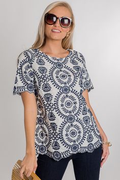 Embroidered Vines Top, Navy :: NEW ARRIVALS :: The Blue Door Boutique Short Sleeve Cotton Tops With Scalloped Edges, Cotton Short Sleeve Tops With Scalloped Edges, Cotton Tops With Scalloped Edges And Short Sleeves, Spring Crew Neck Tops With Scalloped Edges, Fitted Floral Embroidery Crew Neck Top, Crew Neck Cotton Top With Lace Trim, Cotton Crew Neck Top With Lace Trim, Casual Scalloped Lace Tops, Cotton Tops With Lace Trim And Crew Neck