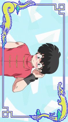 an anime character with black hair wearing a red shirt and blue pants, standing in front of a frame