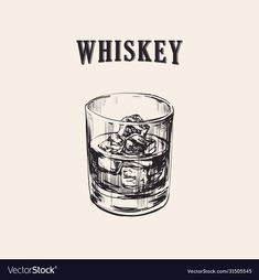 whiskey in a glass with ice cubes hand drawn sketch on white background stock illustration